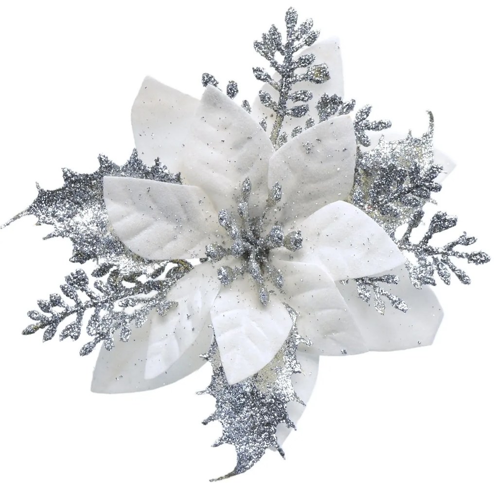 Decorațiuni de Crăciun Poinsettia cu cleșteargintiu, set de 6 bucăți