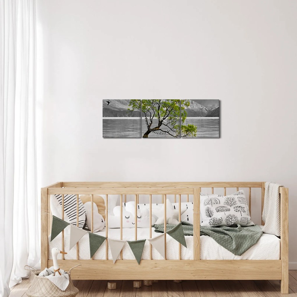Tablou copacului în mijlocul lacului (cu ceas) (90x30 cm)