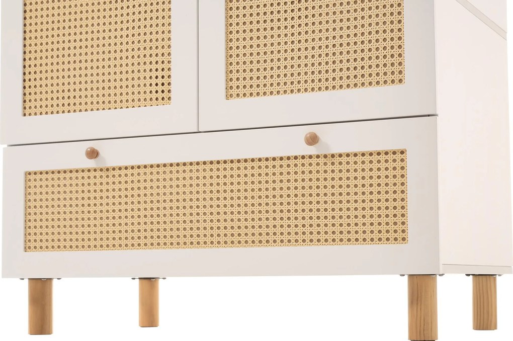 Dulap pentru haine cu 2 uși, front din ratan, sertar mare, rafturi reglabile pe înălțime și bară pentru haine, 180x85x52 cm, Alb