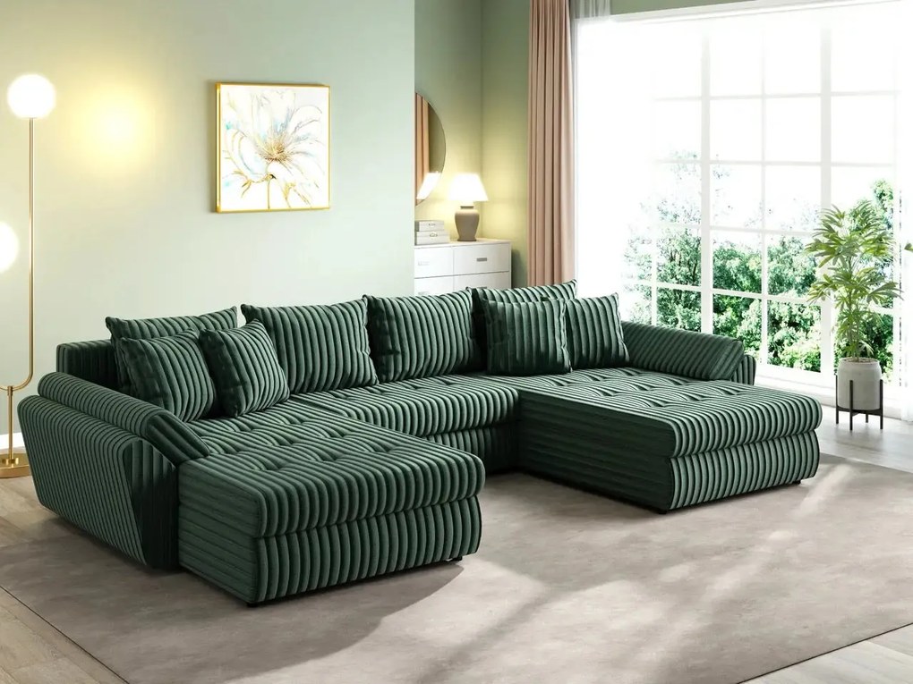 Colțar extensibil dumonde cu ladă de depozitare si sezut confortabil din spuma high-density, Loana U Ambience Green 355x185 cm