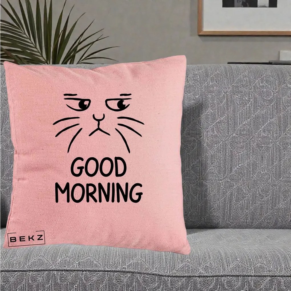 Perna Decorativa Pisica Morocanoasa Good Morning, 40x40 cm, Roz, Husa Detasabila, Perna Inclusa, BEKZ®