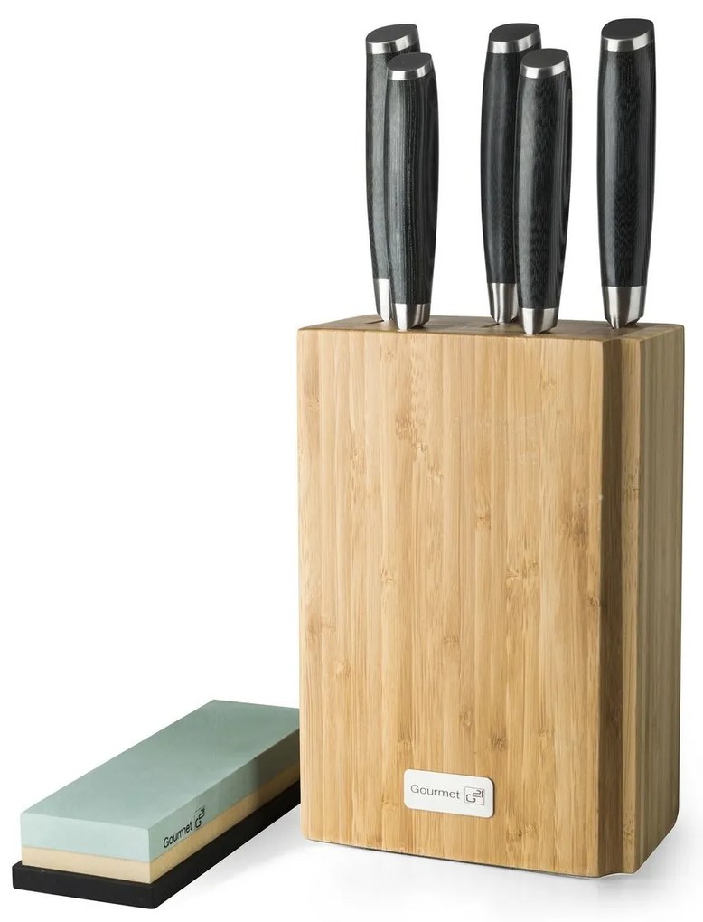 Set de cuțite G21 Gourmet Damascus în bloc de bambus 5 bucăți + piatră de ascuțit