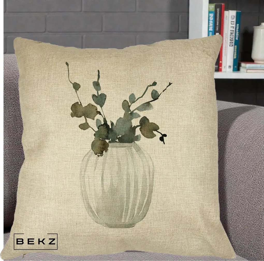 Perna decorativa cu flori: Vaza cu Eucalipt Watercolor, 40x40 cm cu Umplutura, Crem, BEKZ