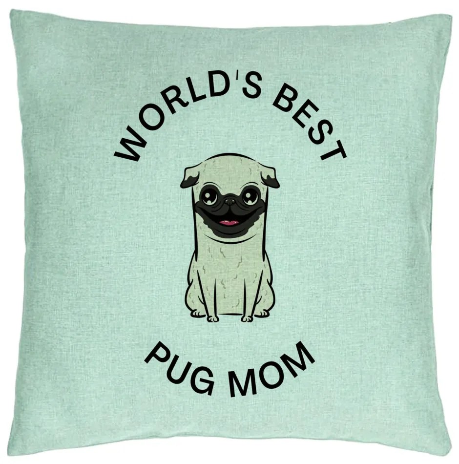 Perna Decorativa, Model World&apos;s Best Pug Mom, 40x40 cm, Verde Menta, Husa Detasabila, Burduf