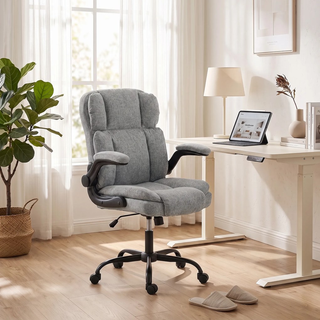 HOMCOM Scaun de Birou Rotativ cu Cotiere Rabatabile, Înălțime Reglabilă, Țesătură cu Aspect de In, Gri | Aosom Romania