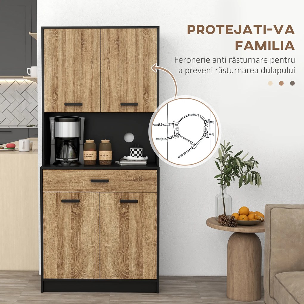 HOMCOM Dulap de bucătărie din lemn cu 2 dulapuri cu 2 uși și sertar, 80x40x180 cm, negru și culoare lemn | Aosom Romania