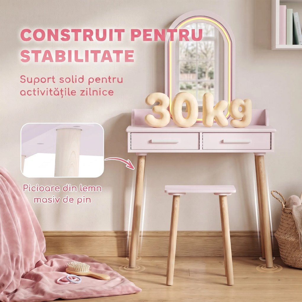 AIYAPLAY Măsuță de Toaletă pentru Copii 3-8 Ani, cu Taburet, Oglindă, Roz | Aosom Romania