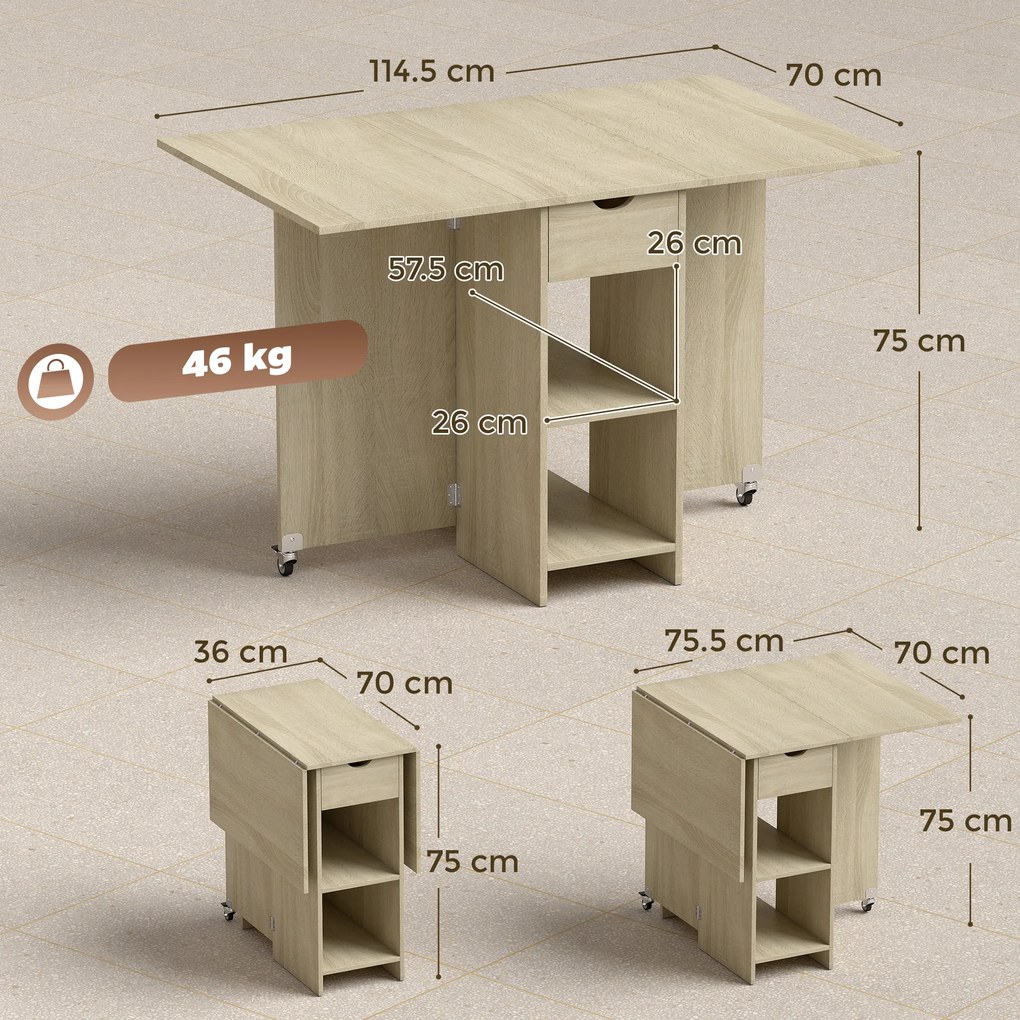 HOMCOM Masă pliabilă pentru 2-4 persoane, masă cu roți și compartiment deschis și sertar, ideală pentru spații mici, lemn natural | Aosom Romania