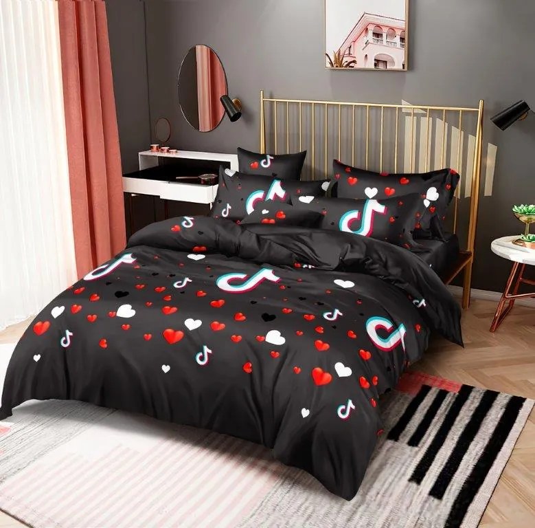 Lenjerie de pat din microfibra Culoare neagra, TIK TOK HEART Dimensiune lenjerie de pat: 70 x 80 cm | 140 x 200 cm