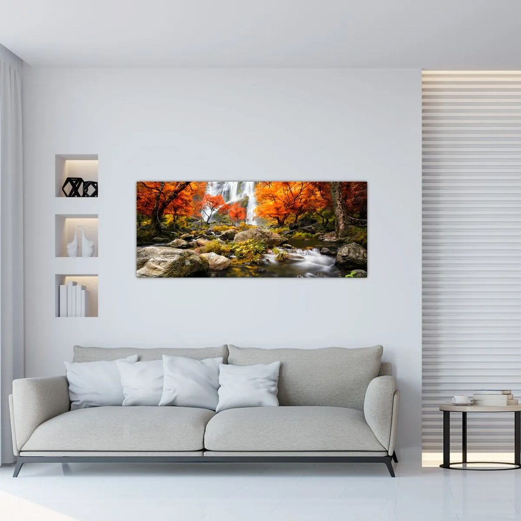 Tablou - Cascade în peisaj de toamnă, portocaliu (120x50 cm)