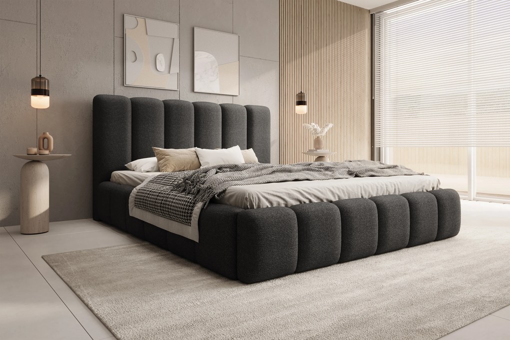 Pat tapițat Aura 160x200 cu spațiu depozitare - bouclé gri închis Quelle 92