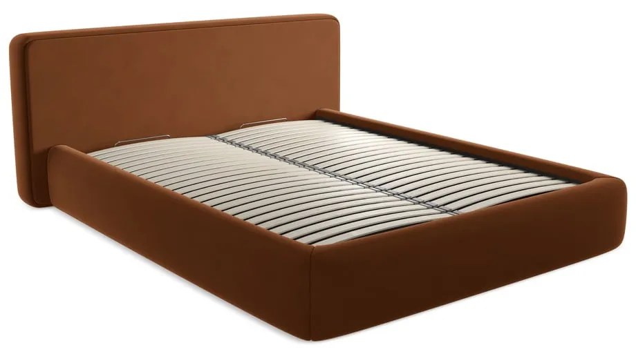 Pat matrimonial teracotă tapițat cu spațiu de depozitare cu somieră 160x200 cm Kiana – Makamii