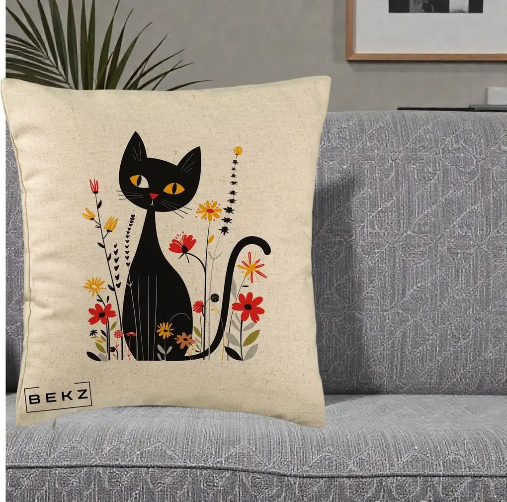 Perna Decorativa Pisica Neagra Ochi Galbeni Flori, 40x40 cm, Bej, Husa Detasabila, Perna Inclusa, BEKZ®