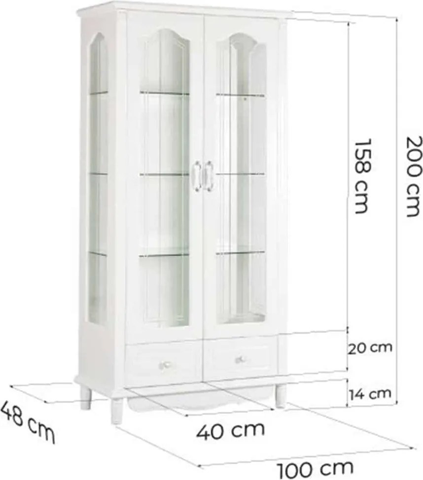Vitrină lemn masiv alb 2 Uși Elizabeth, 100 × 48 × 200 cm