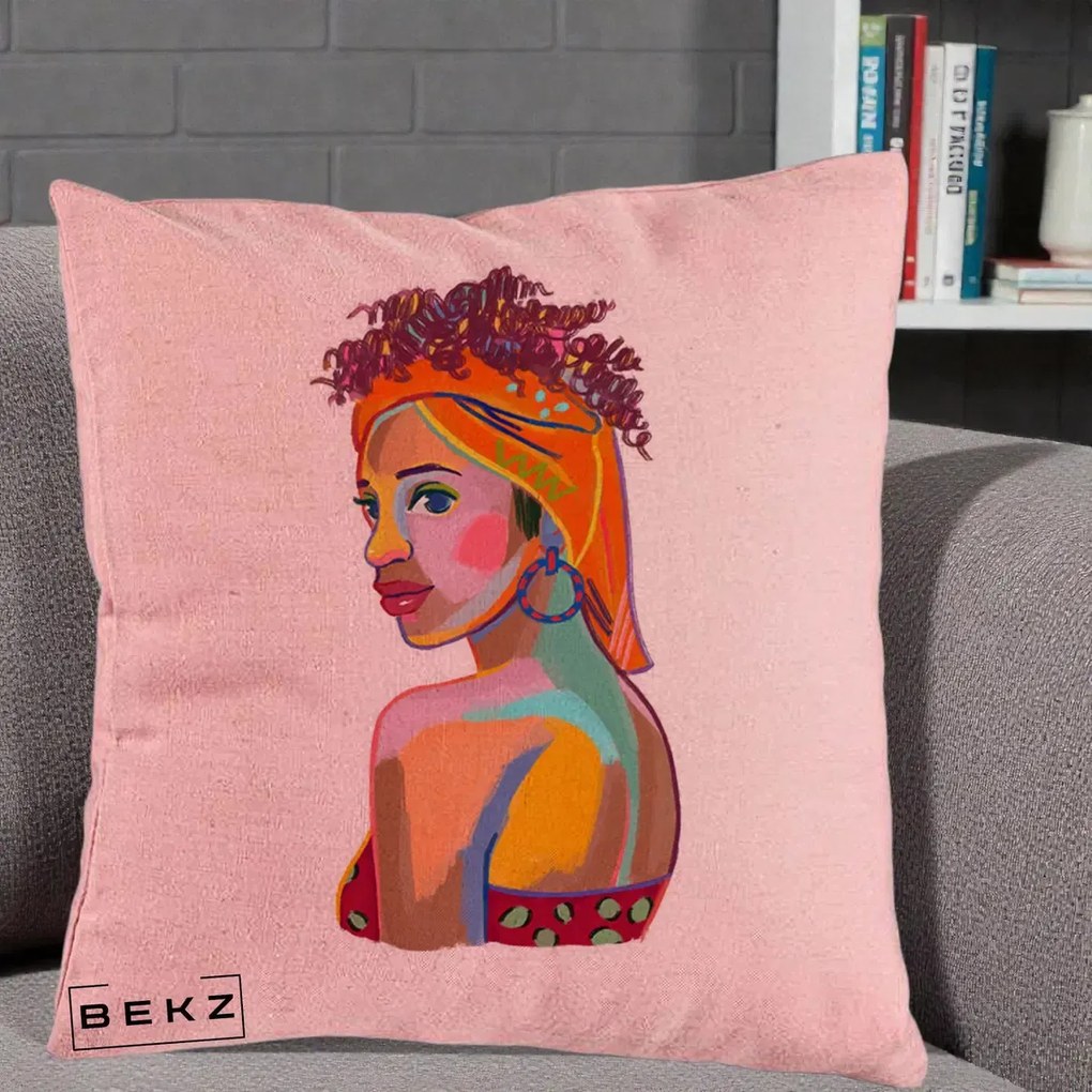 Perna Decorativa Portret Femeie Colorat Pop Art, 40x40 cm, Roz, Husa Detasabila, Perna Inclusa, BEKZ®