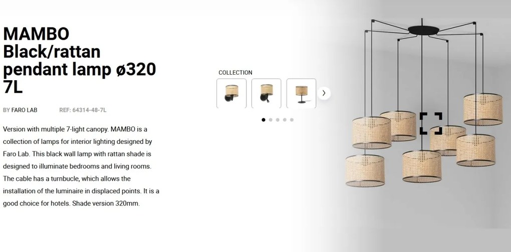 Lustra suspendata cu 7 pendule design natural MAMBO 32cm negru/ratan