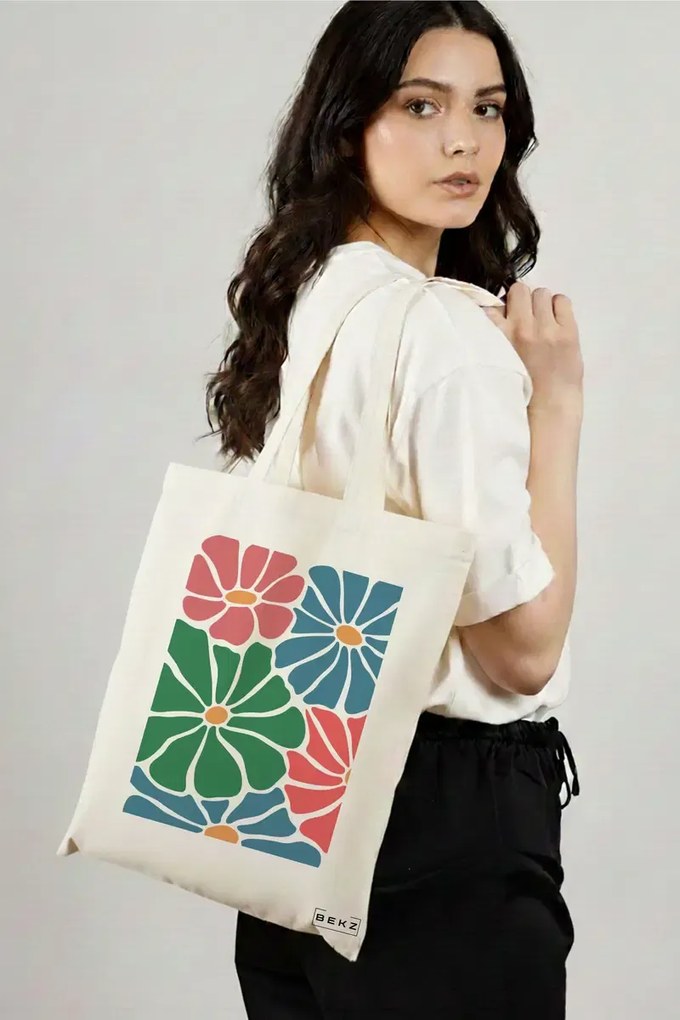 Sacosa de Panza pentru Cumparaturi, Geanta Tote Boho Style 12, 38x34.5 cm, Alba, BEKZ®
