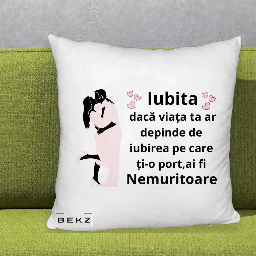 Cadou pentru Iubita - Perna Personalizata Iubita Nemuritoare cu Siluete de Cuplu, 40x40 cm, Alb Pufos, Husa Detasabila, Perna Inclusa, BEKZ®