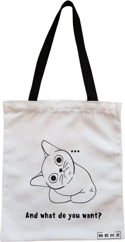 Sacosa de Panza pentru Cumparaturi, Geanta Tote, model And what do you want?, Cu fermoar, 38x34.5 cm, Alba, BEKZ®