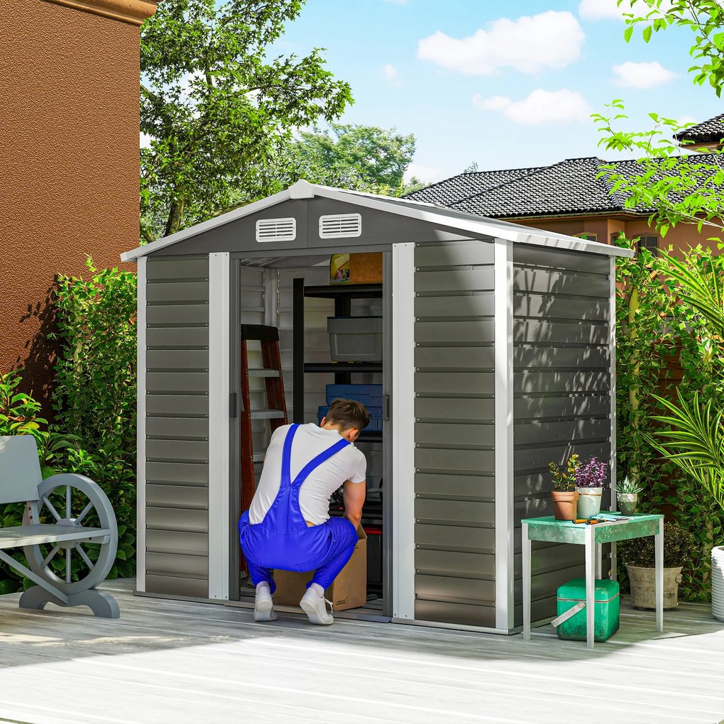Outsunny Magazie de Grădină din Tablă de Oțel cu 4 Orificii de Ventilație și 2 Uși Glisante, 213x120x194 cm, Gri Închis | Aosom Romania
