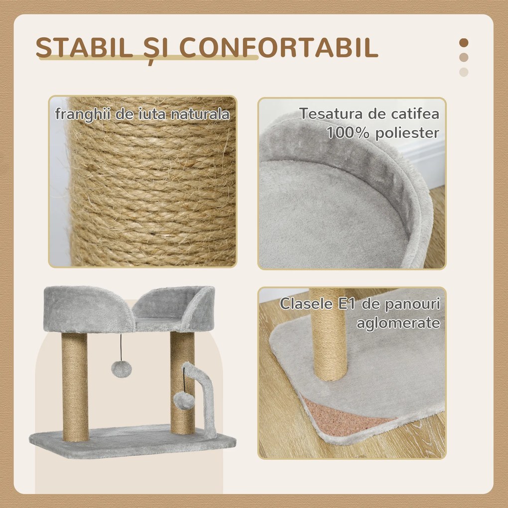 PawHut Ansamblu de Joacă pentru Pisici cu Sisal pentru Zgâriat, Culcuș și Bile, 48x38x42 cm, Gri | Aosom Romania
