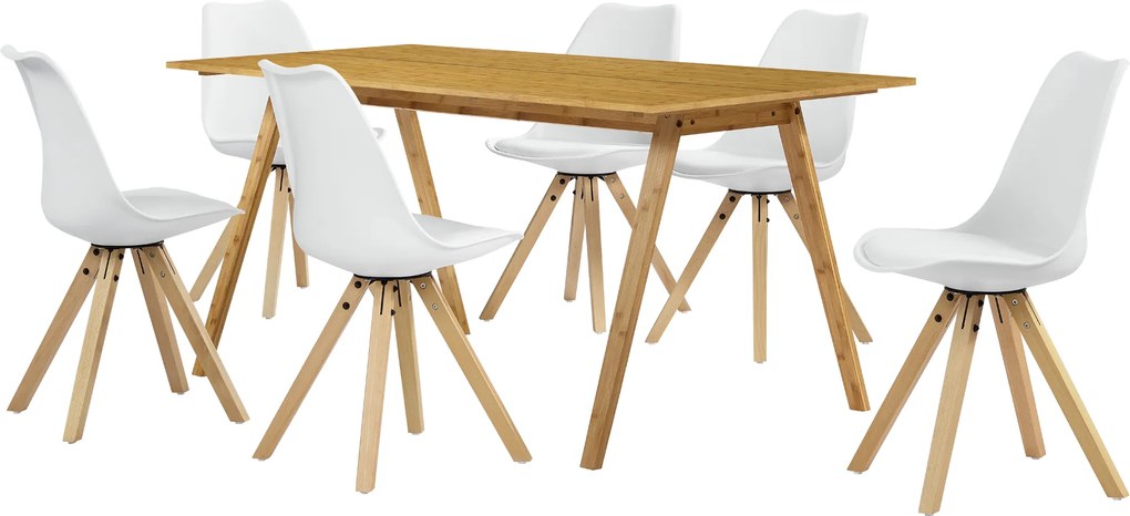[en.casa]® Masa de bucatarie/salon bambus design- 180 x 80 cm  - cu 6 scaune albe
