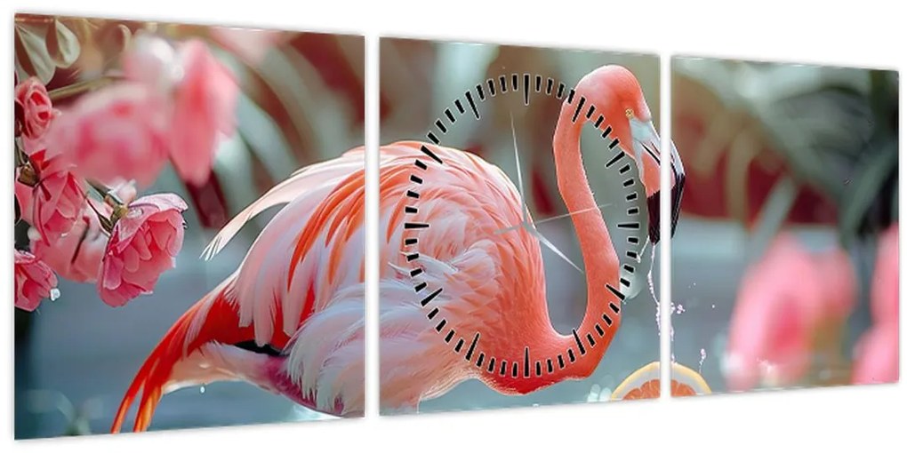Tablou - Flamingo în iaz (cu ceas) (90x30 cm)