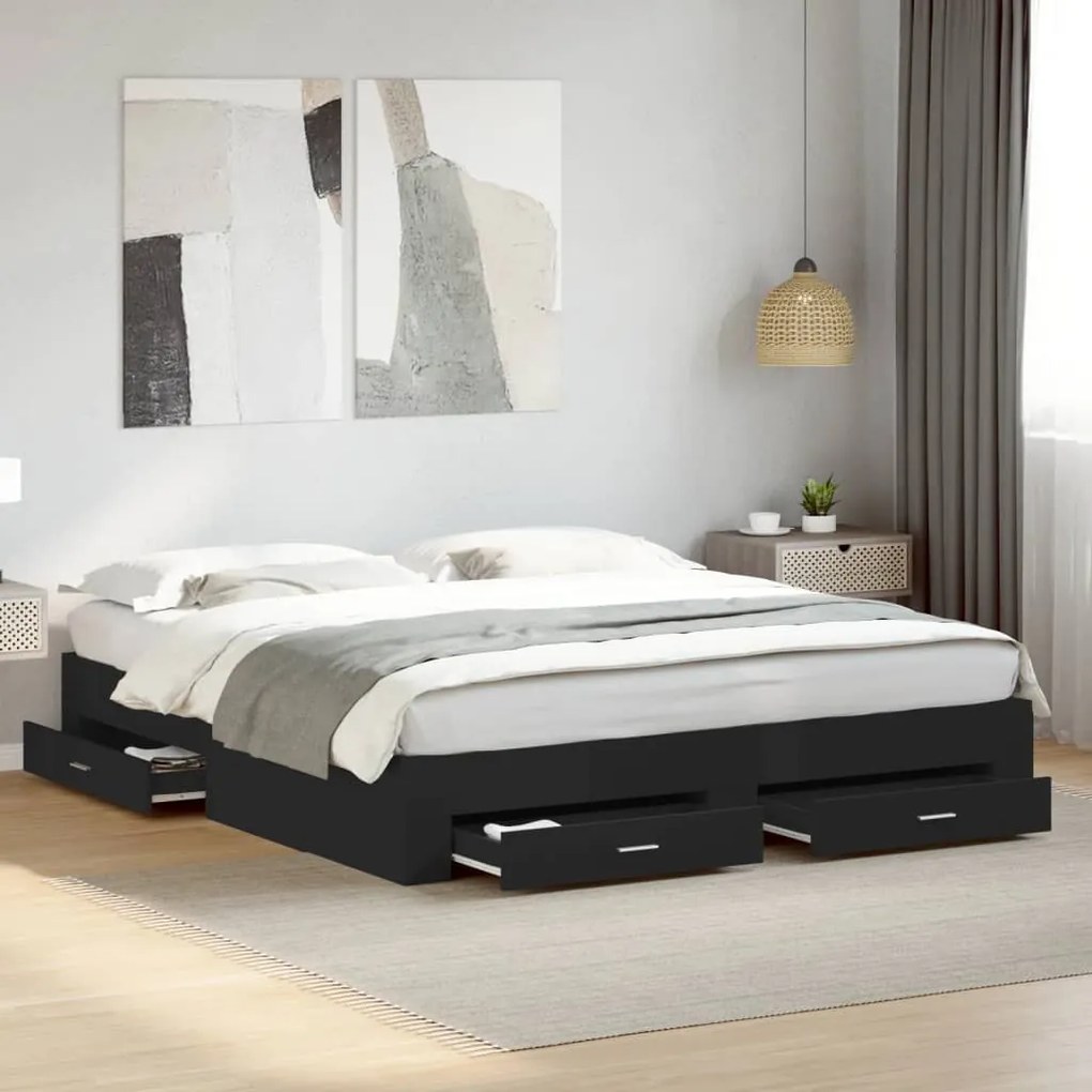 vidaXL Cadru de pat cu sertare, negru, 180x200 cm, lemn prelucrat