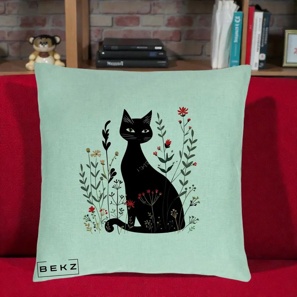 Perna Decorativa Pisica Neagra Botanica Rosu-Gri, 40x40 cm, Verde Menta, Husa Detasabila, Perna Inclusa, BEKZ®
