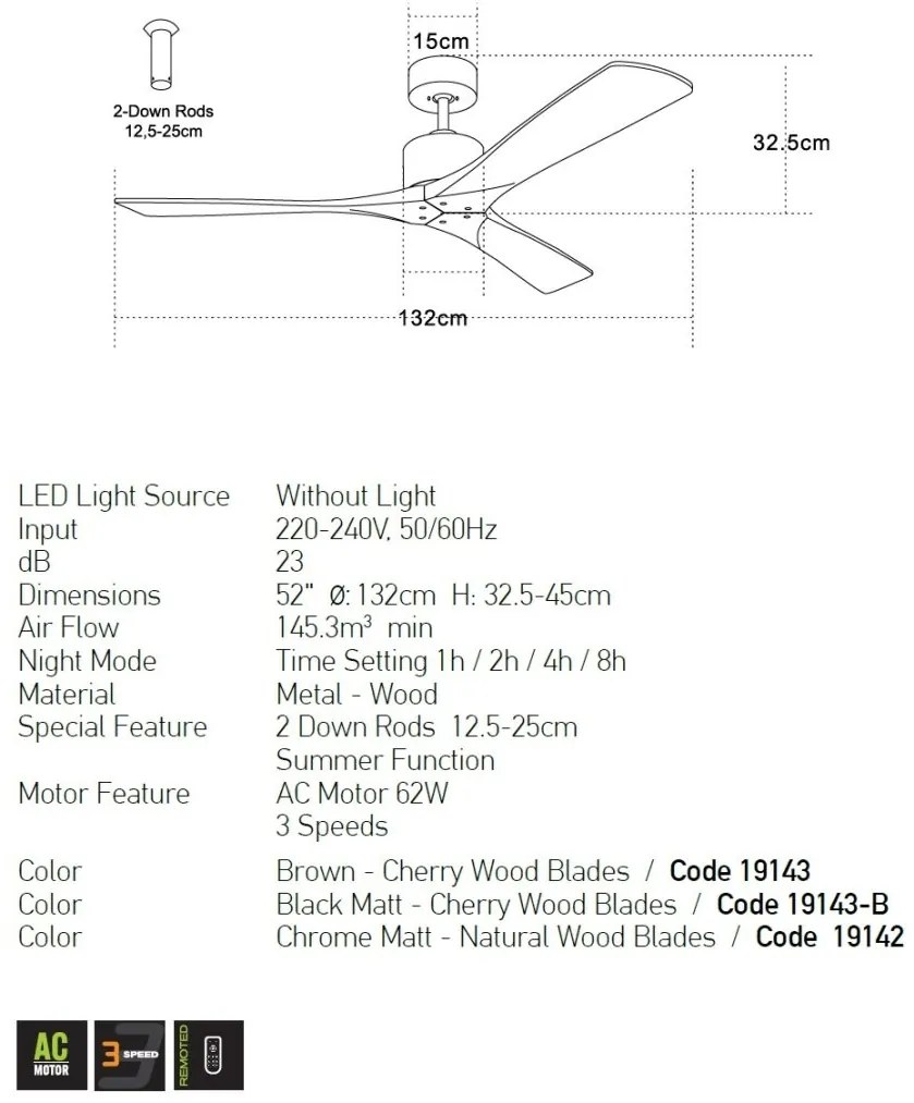 Ventilator de tavan cu telecomanda Shyam crom/lemn natural