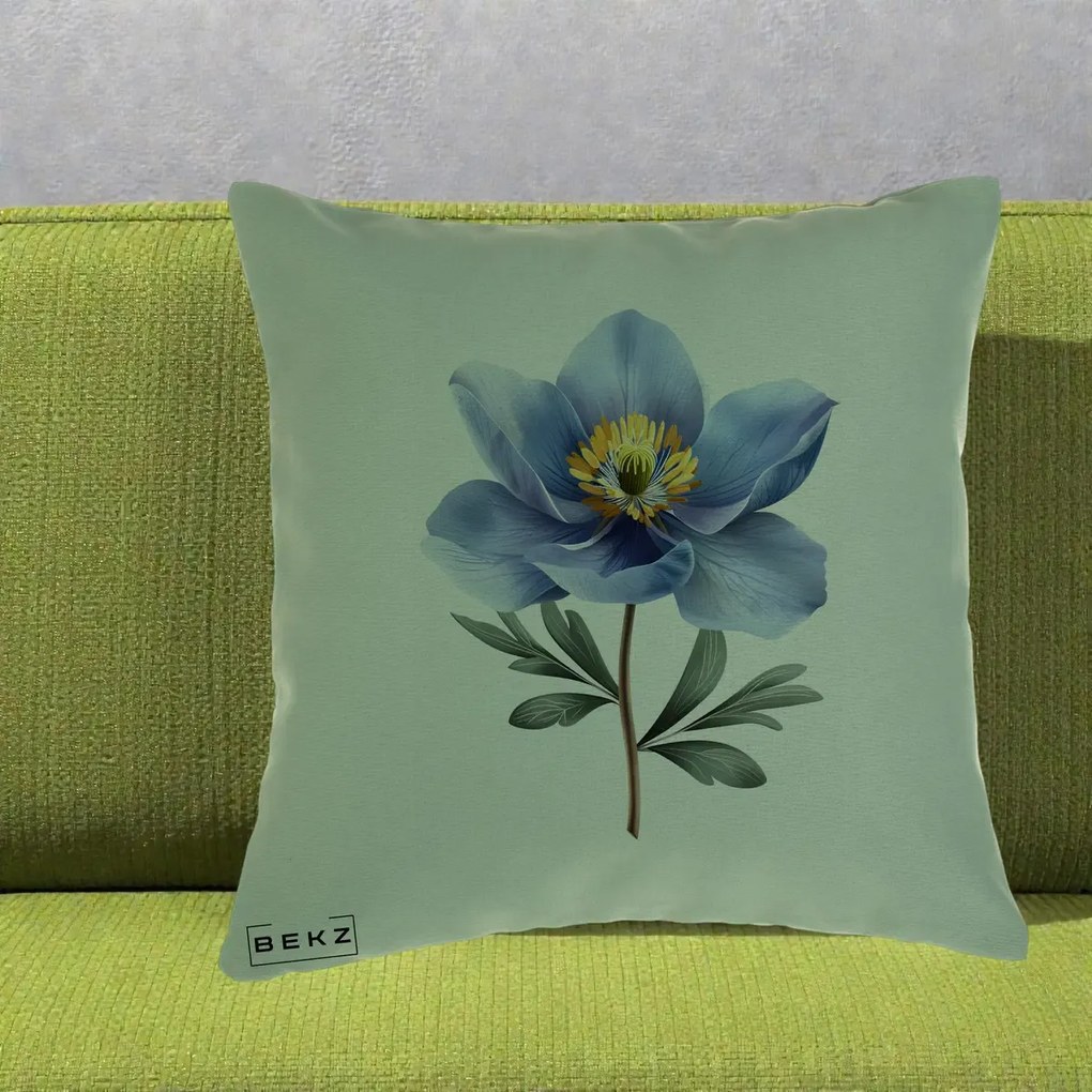 Perna Decorativa Anemona Albastra Botanica, 40x40 cm, Verde, Husa Detasabila, Perna Inclusa, BEKZ®