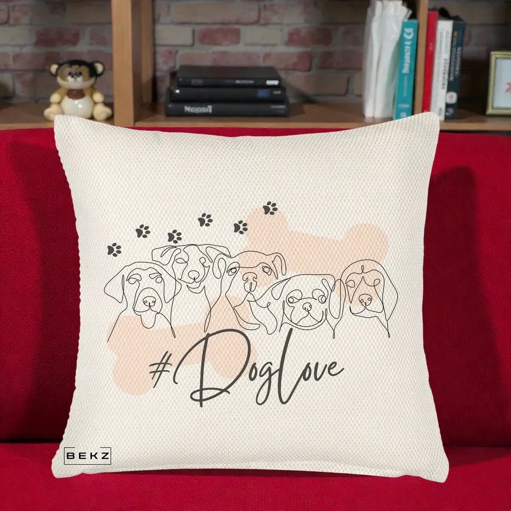 Perna Personalizata Dog Love Linie Minimalista, 40x40 cm, Crem Reliefat, Husa Detasabila, Perna Inclusa, BEKZ®