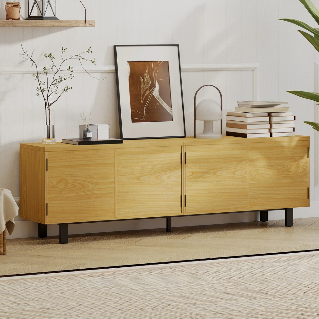 HOMCOM Comodă TV 180 cm, pentru televizoare de 208,3 cm, cu 4 uși cu deschidere prin apăsare 180x35x55,5cm lemn natural | Aosom Romania