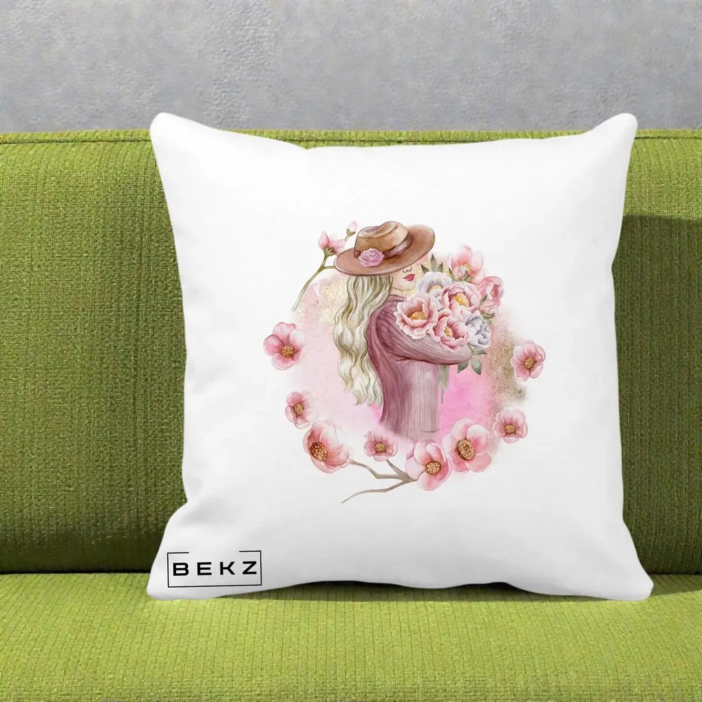 Perna Decorativa Femeie cu Flori Roz Acuarela, 40x40 cm, Alba Mata, Husa Detasabila, Perna Inclusa, BEKZ®