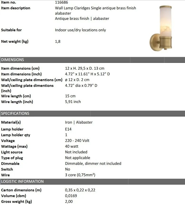 Aplica de perete design LUX Claridges Single alama antic/ alabastru