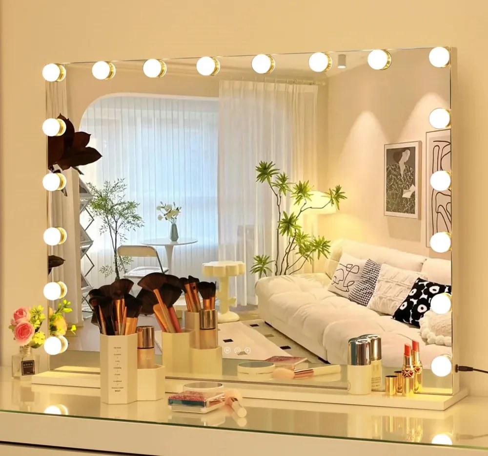 Oglindă cosmetică, sistem iluminare LED cu 3 culori, Senzor Tactil, Luminozitate Reglabilă, 18 becuri LED, Port de încărcare USB, Alb, 80x60 cm