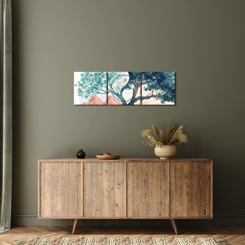Tablou – Arbore acvarelă plin de viață (cu ceas) (90x30 cm)