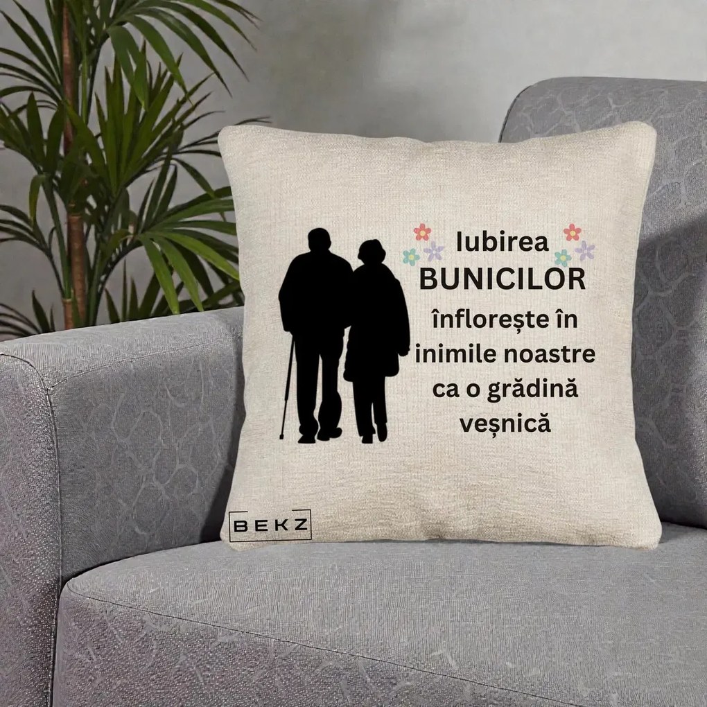 Cadou pentru Bunici - Perna Personalizata Bunicii Iubirea Infloreste Silueta Neagra Flori, 40x40 cm, Bej Canapea, Husa Detasabila, Perna Inclusa, BEKZ®