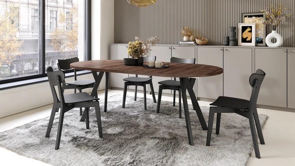 Mazzoni ALMO Stejar Maro/picioare negre - MASĂ ROTUNDĂ EXTENSIBILĂ CU PICIOARE ÎN FORMĂ DE Y STIL LOFT PENTRU SALON/SUFRAGERIE