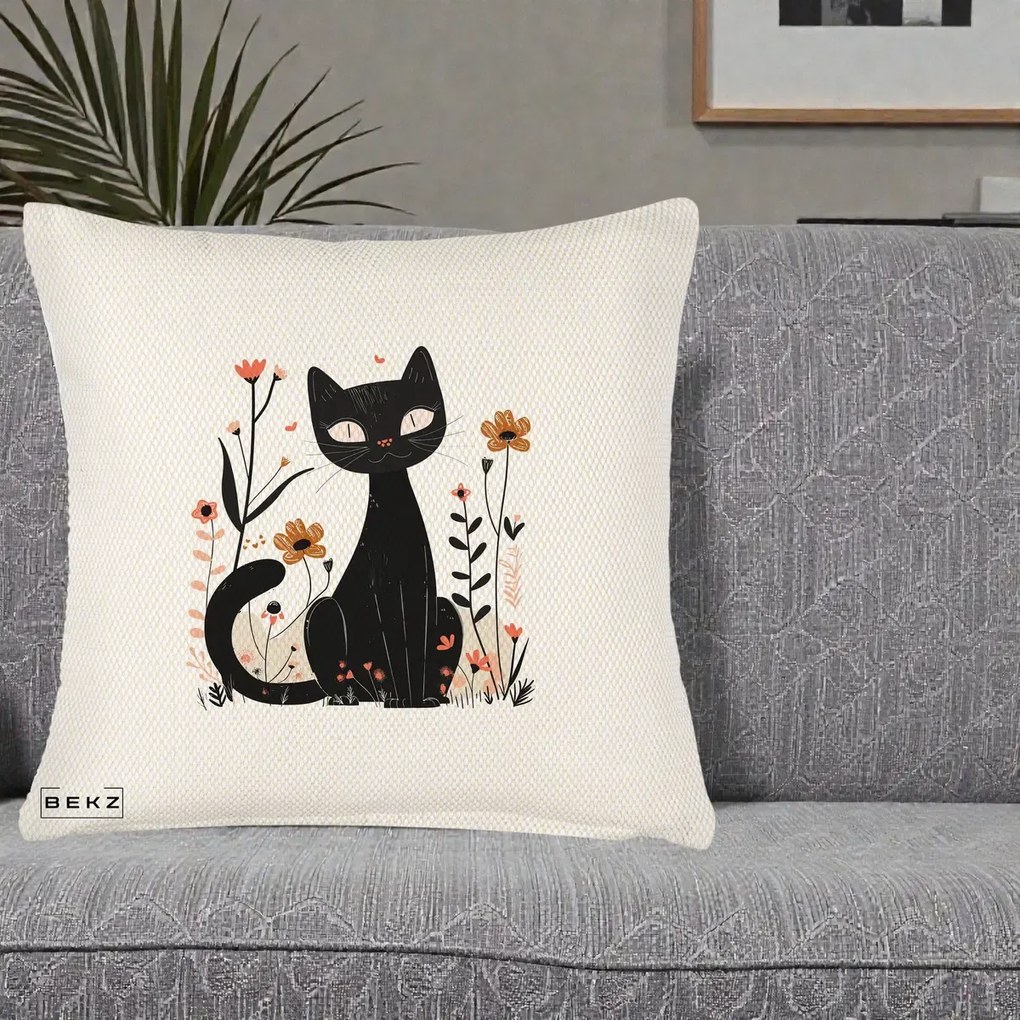 Perna Decorativa Pisica Neagra Flori Pastel Folk, 40x40 cm, Crem Reliefat, Husa Detasabila, Perna Inclusa, BEKZ®