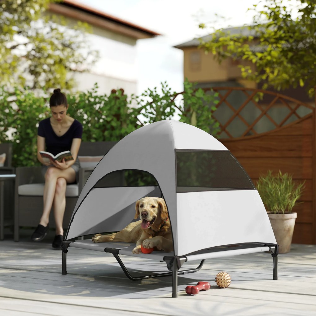 PawHut Pat pentru câini de exterior cu acoperiș, pat ridicat pentru câini mari, 91 x 76 x 90 cm, gri deschis | Aosom Romania