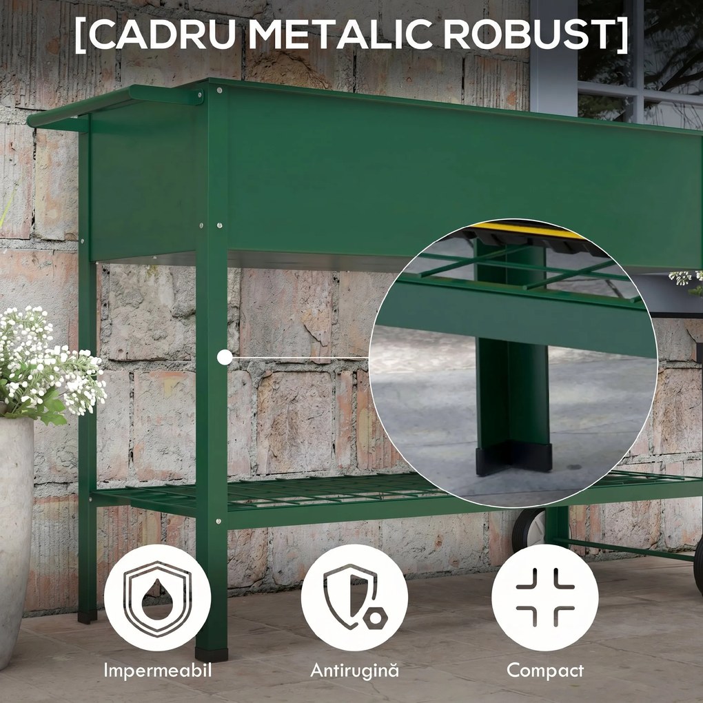Outsunny Jardinieră Exterioară cu Raft Inferior pentru Unelte, Jardinieră Metalică cu 2 Roți și Mâner, 104x39x80 cm, Verde | Aosom Romania