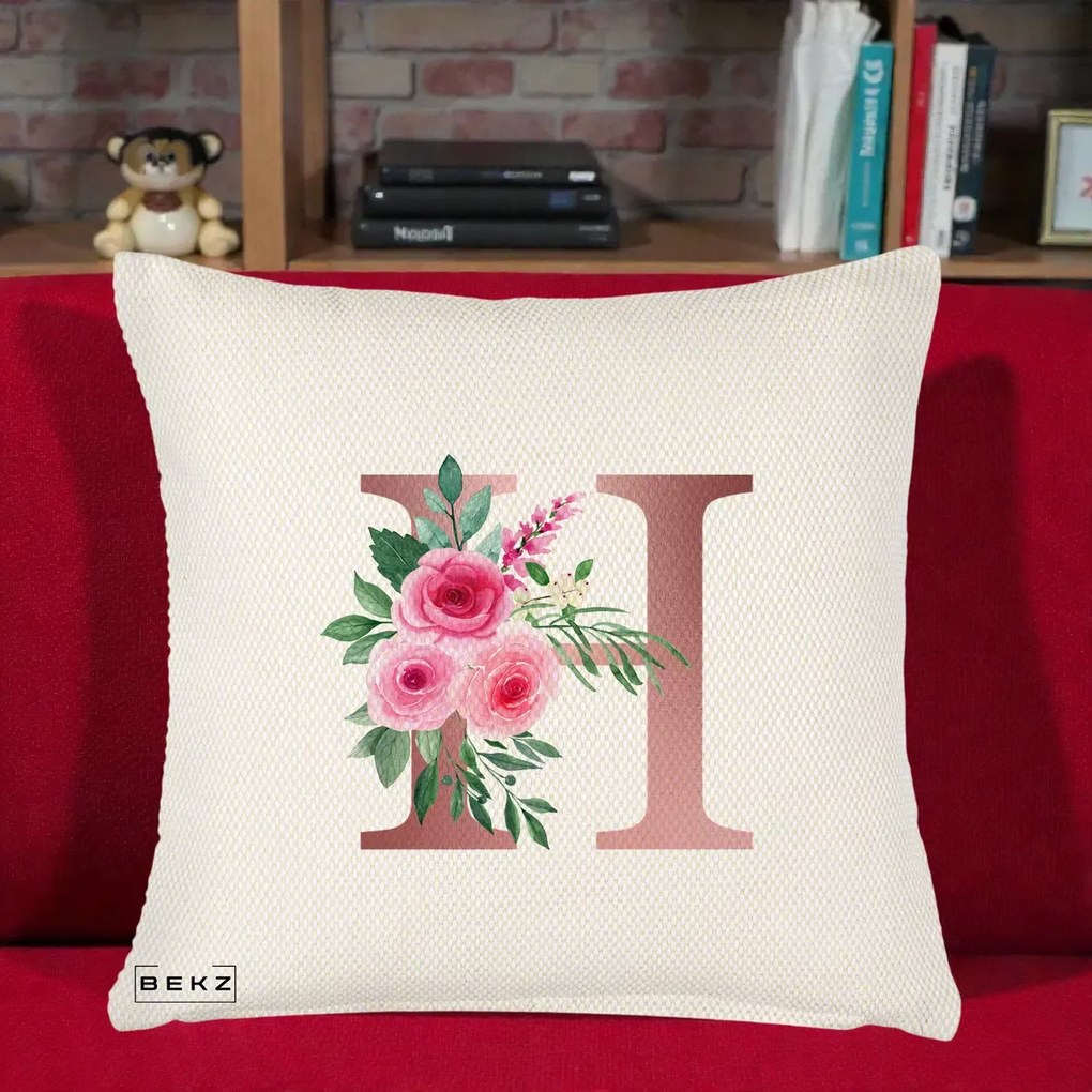Cadou Personalizat - Perna Personalizata Monograma Rose Gold Litera H, 40x40 cm, Crem Reliefat, Husa Detasabila, Perna Inclusa, BEKZ®