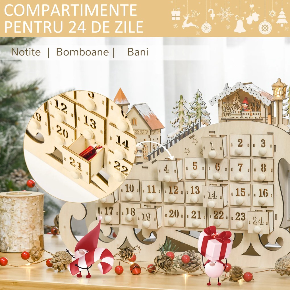 Calendar Advent din Lemn in Forma de Sanie cu 24 de Sertare de Umplut, Decoratiuni si Lumini 45x10x31cm HOMCOM | Aosom RO