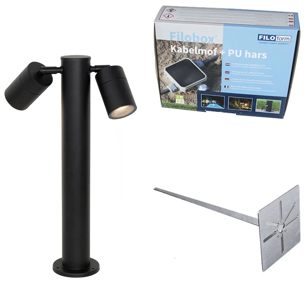 Lampă de exterior neagră cu țăruș de sol și presetupe 45cm 2 lumini IP44 - Duo