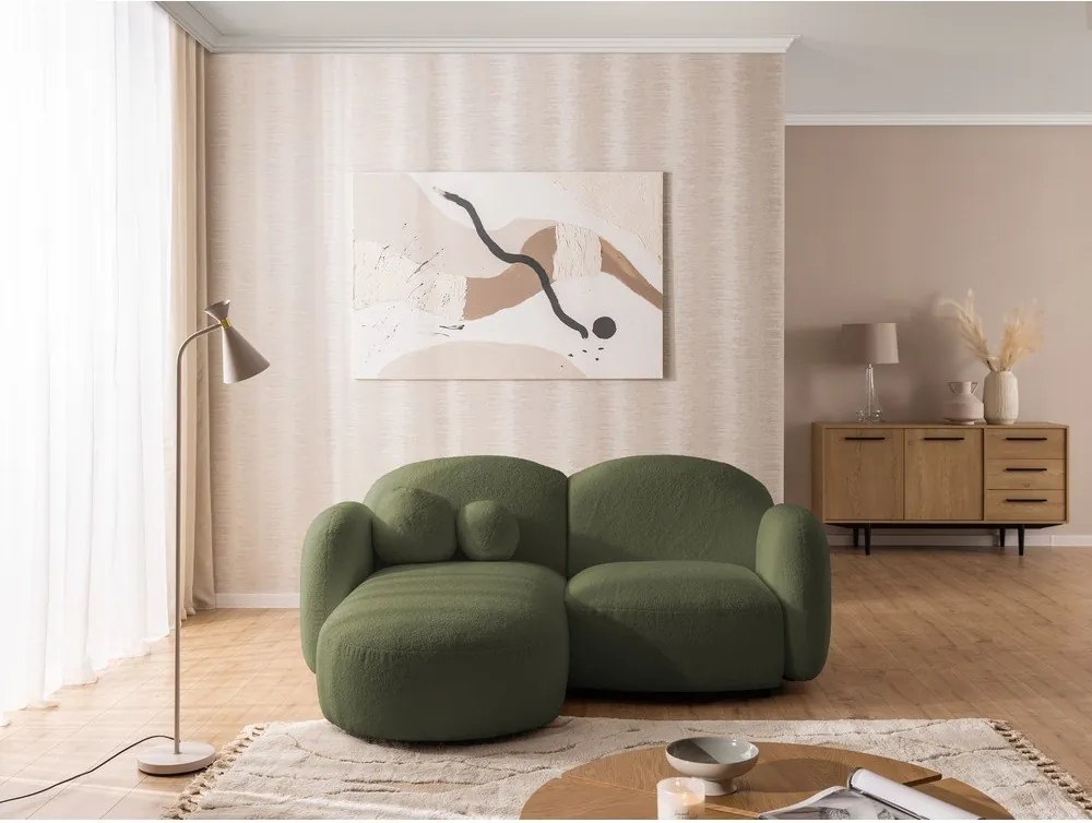 Colțar verde cu tapițerie din țesătură bouclé (cu colț pe partea stângă/cu șezlong) Orbit – Ropez