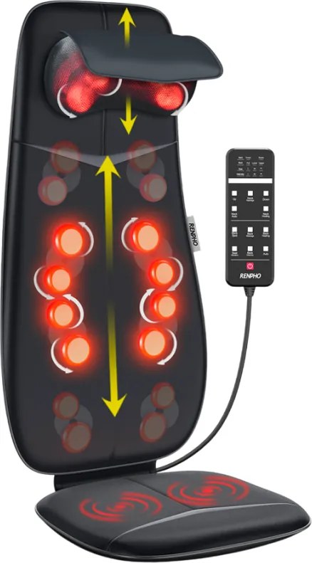 Perna de masaj Shiatsu RENPHO Neck & Back Massage Cushion - S-, 48W, 4 zone, 3 niveluri, Incalzire pana la 45°C, Reglabila, Telecomanda, Negru