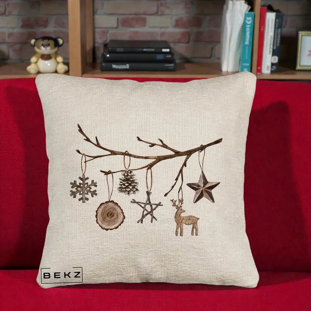 Perna Decorativa Ornamente de Lemn pe Ramura, 40x40 cm, Bej Canapea, Husa Detasabila, Perna Inclusa, BEKZ®