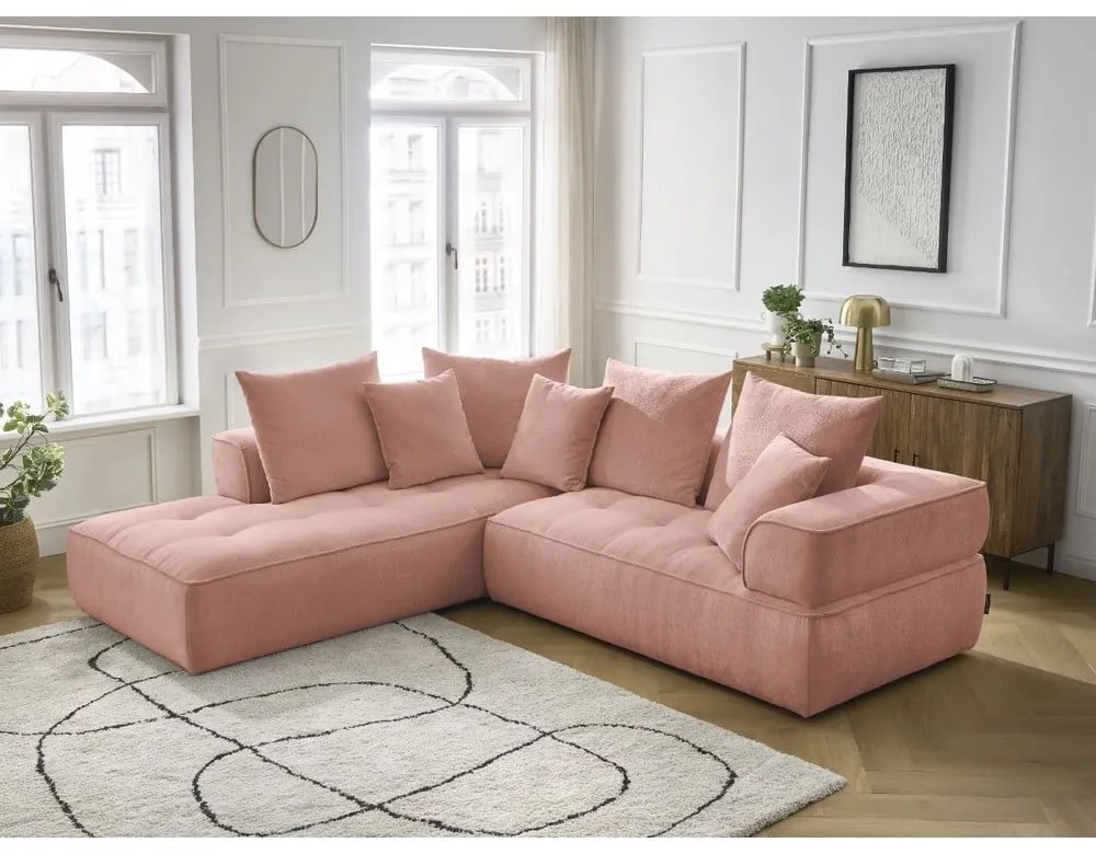 Colțar roz cu tapițerie din chenille (cu colț pe partea stângă/în formă de ”L”) Whesley – Bobochic Paris