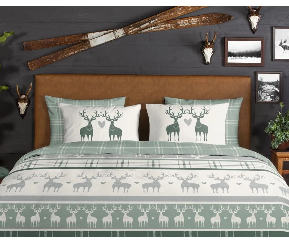 Lenjerie de pat verde/crem din flanelă pentru pat dublu/extinsă 200x220 cm Bjirk – Good Morning